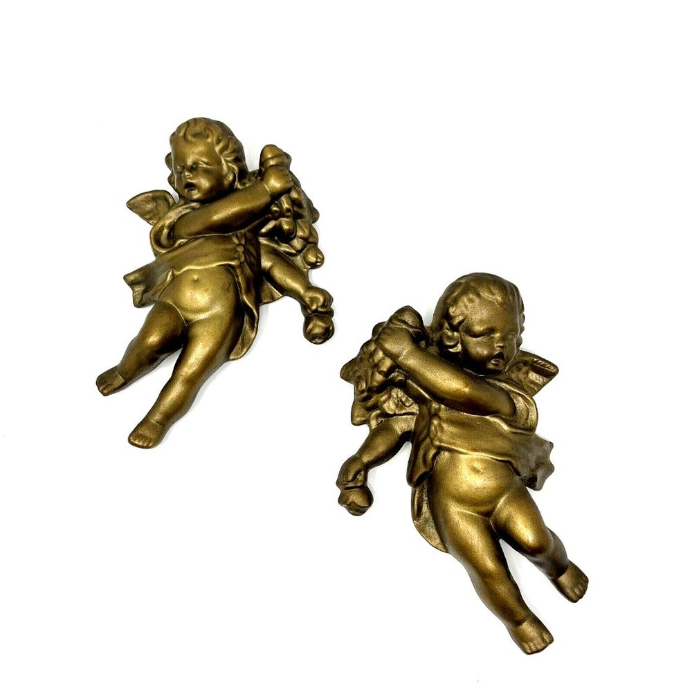 Pair 2 Ceramic Cherubs gold Wall Hanging